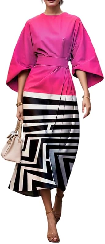 TIAFORD Womens Spring Summer Elegant Floral Print Empire Waist Dress Casual Cute Crew Neck Loose Half Sleeve Maxi Dresses