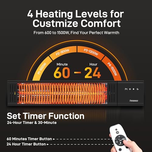 Image of Powerscale 1500W Electric Patio Heater, IP65 Waterproof, Remote, Fast Heating, 4 Heat Levels, 24H Timer & Memory Function, Wall Mounted Indoor /Outdoor Heater for Patio, Garage, Backyard, Black
