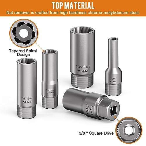 Image of 16PCS 3 /8 inch Drive Deep Bolt Extractor Set, Impact Bolt Nut Remover Set, Stripped Lug Nut Extraction Socket Set For Narrow Space Removing Broken, Damaged, Frozen, Rusted, Rounded-Off Bolts, Nuts, Stud