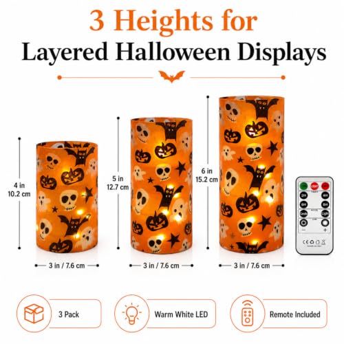 Image of Halloween Flameless Candles with String Lights - Set of 3 Ghost Battery Operated Candle Flickering Floral LED Pillar Candles with Timer Remote for Home Decor Romantic Ambiance