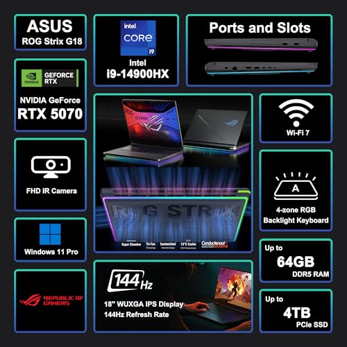 Image of ASUS ROG Strix G18 G815 Gaming AI Laptop 18 inch WUXGA 144Hz (100% sRGB) Intel 24-core i9-14900HX 32GB RAM 1TB SSD GeForce RTX 5070 GDDR7 (Up to 798 AI TOPS) RGB Backlit WiFi7 Thunderbolt Win11Pro ICP Hub