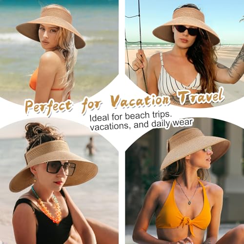 Image of Summer Straw Beach Sun Visor Ponytail Hats for Women Foldable Floppy