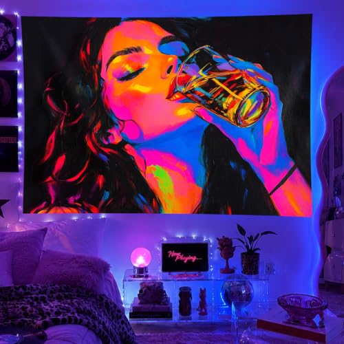 Image of BlissYard Cool Girl Anime Wall Tapestry Aesthetic 78x59 Inch Blacklight Tapestry Bedroom UV Reactive Purple Tapestries Glow In The Dark Art Wall Hanging Poster Room Bedroom Party Backdrop Decor