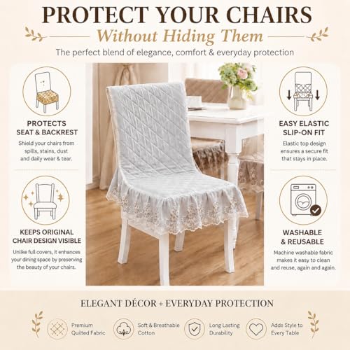 Image of HOMETHREADS Vintage Dining Chair Protector Cover, Quilted Cotton with Lace Frills, Easy Slip-On Design, Protects Seat & Backrest While Keeping Chair Visible, Washable & Reusable, Grey (Pack of 4)
