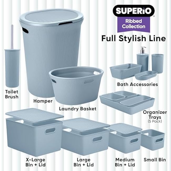 Superio Ribbed Collection - Decorative Plastic Open Home Storage Bins Organizer Baskets, Small Blue (1 Pack) Container Boxes for Organizing Closet Shelves Drawer Shelf 1.5 Liter