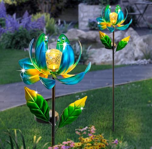image for SUCUY Solar Yard Lights Wind Spinners- Metal Lotus Flower Garden Decor