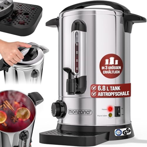 MONZANA Glühweinkocher 6,8L mit Zapfhahn Tropfschale Thermostat 30-110°C Heißgetränkespender Edelstahl Einkocher Punschkocher Heißgetränkeautomat