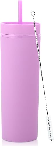 Miniatura 30 de Volhoply Paquete de 4 vasos delgados de plástico de 20 onzas, vaso de doble pared con tapa y pajilla, taza de café helado de viaje, reutilizable