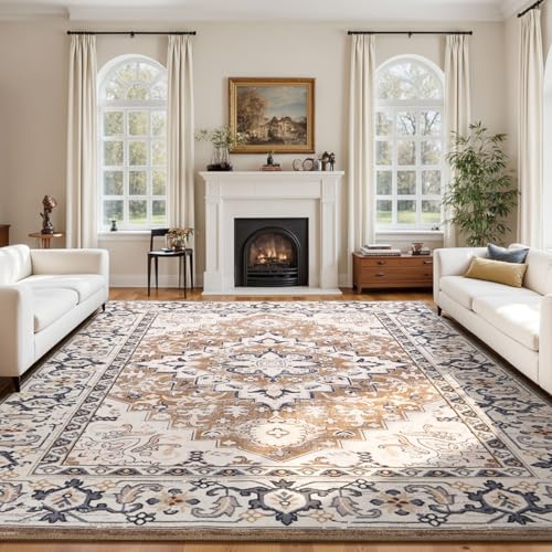 Lessymo 8 x 10 Area Rugs for Living Room- Machine Washable Area Rugs Boho Faux Wool Low Pile Area Rug for Bedroom, Floral Medallion Vintage Rugs with Non-Slip Rubber, Kid & Pet Friendly, Brown Beige