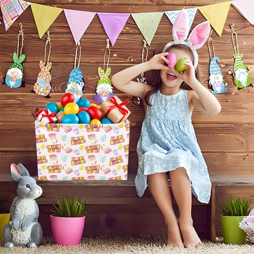 Image of Large Empty Easter Basket for Kid Baby Rectangular Cute Easter Gift Bunny Eggs Decor Storage Basket (Pink Happy Egg)