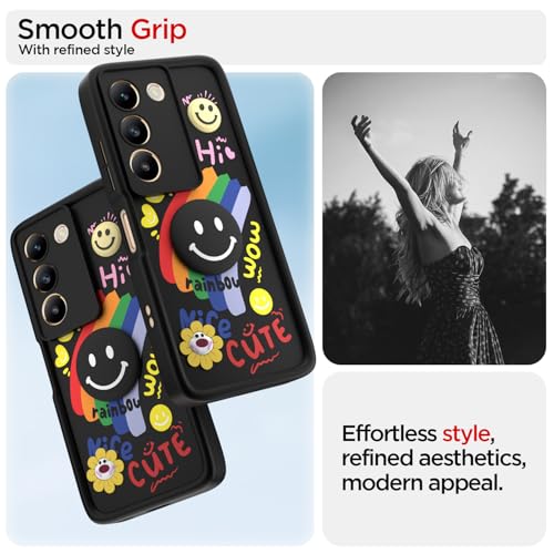 Image of Pikkme Back Cover for Vivo Y200e 5G / Vivo T3 5G | Soft Silicone| Cute Rainbow Smile & 3D Cartoon Flower Design | Shockproof Raised Camera Protection Bumper Case (Black)