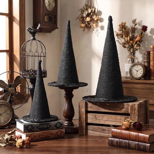 Beeveer 3 Pcs Halloween Rattan Witch Hat Decor 14/12.2/10.2 Inch Handcrafted Black Rope Wizard Hats 3D Rustic Farmhouse Spooky Decorations for Home Fireplace Door Table