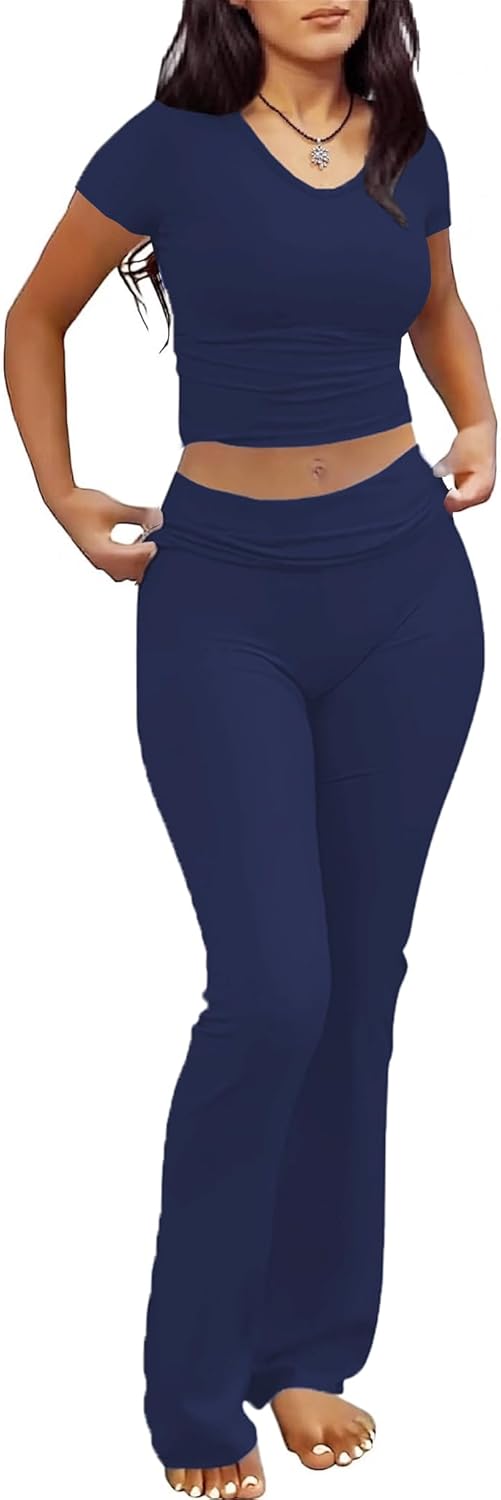 chicyes Lounge Sets for Women 2 Piece Foldover Yoga Flare Leggings Pants Crop Tops Casual Y2K Outfits Matching Tracksuit Set - Image 2