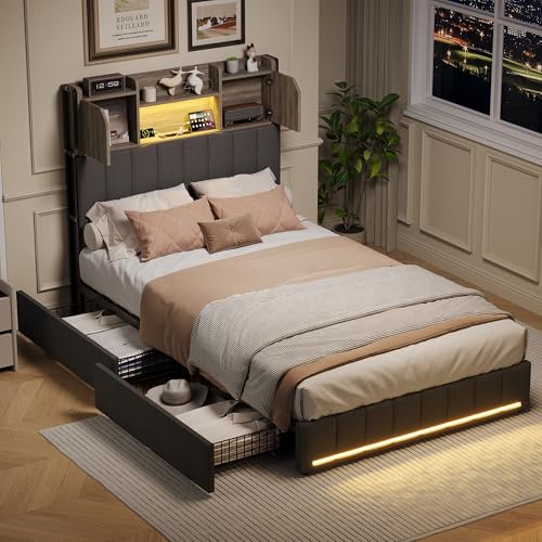 Cama 90 x 200 con cajones y espacio de almacenamiento, cama acolchada en L AVCE lámpara LED y USB, sofá cama moderno con somier de láminas, sin colchón (gris B, 90 x 200)