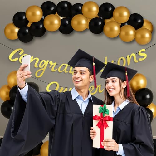 Image of Party Propz Congratulations Banner and Balloons For Decoration - Set of 43 Pcs Congratulations Decorations Items | Graduation Decoration Items | Black and Gold Balloons (Cardstock, Latex)