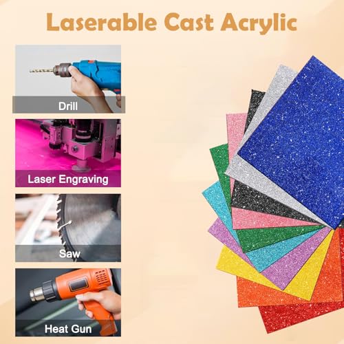 Image of 8 Pack Glitter Acrylic Sheets 0.1 inch Thick, 8 x 8 Inch Dual-Purpose Acrylic Sheet for Laser Cutting, Color Sheets for Engraving, Perfect for DIY Craft Projects, Display, Background Panels