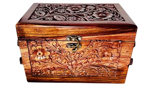 Eid Gifts - Handcrafted Jewelry Box with Floral Carvings, 3-Compartment Jewelry Organizer for Earrings, Rings, Necklaces (Large Size 8''x5''x5'')