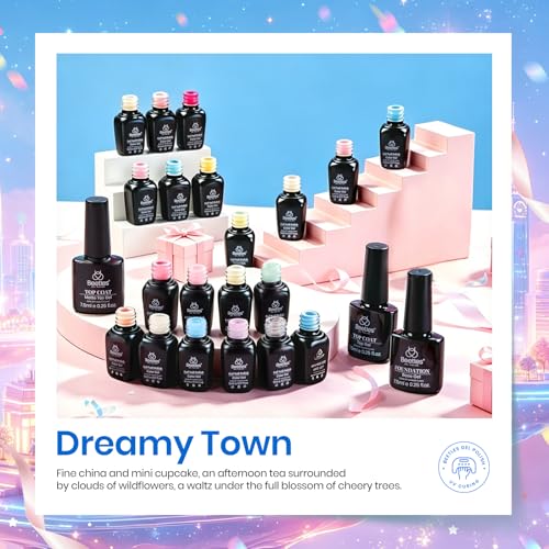 Image of Beetles Gel Nail Polish Set, 23 PCS 20 Colors Pastel Macaron Spring Gel Polish Kit, Dreamy Town Pink Yellow Green Blue Glitter Color Gel with Base Coat, Glossy Matte Top Coat, Soak Off UV LED