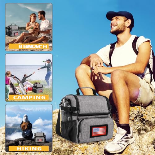 Image of ATRIPACK 2 Compartment Lunch Bag for Men Adult, Tactical Lunch Box Leakproof Insulated Large Cooler Bag for Work with Adjustable Shoulder Strap Flag Double Layer Lunch Pail（Grey）