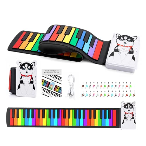 MARVTOWN 49Key Mini Rainbow Piano for Kids, Flexible Silicone Roll Up Piano Keyboard with 8 Tones&6 Demo Songs,Rechargeable,Portable&Foldable,Headphone Jack Best Gift for Boys&Girls Travel