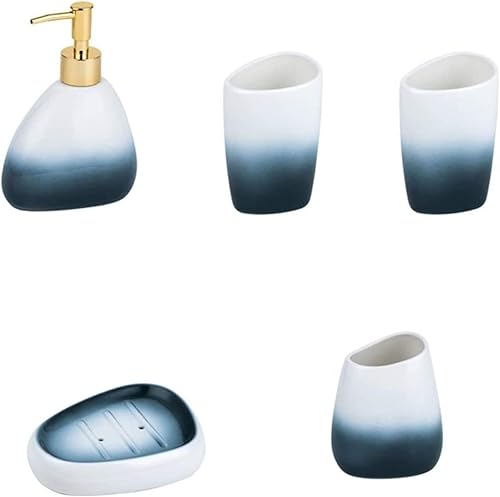Decoración de baño de tocador, juego de accesorios de baño, color azul degradado, dispensador de jabón de cerámica, 5 piezas, soporte para cepillos
