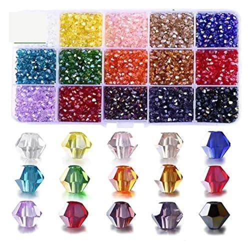 Kristall Bicone Perle Box mit 346mm Doppelkegel-Kristallperlen, facettenreiches, unregelmäßiges Glasperlenset, 15Gitter, lose Abstandshalter, Kit zur Schmuckherstellung, DIY-Armband Perlenset(1800pcs-