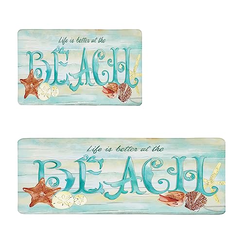 Beach Coastal Kitchen Rugs Mats Set of 2 Anti Fatigue Cushioned Farmhouse Kitchen Rug Floor Comfort Mat Ocean Non-Slip Waterproof Mats for Kitchen Office Sink Laundry, 17.3" x28" + 17.3" x 47", Teal
