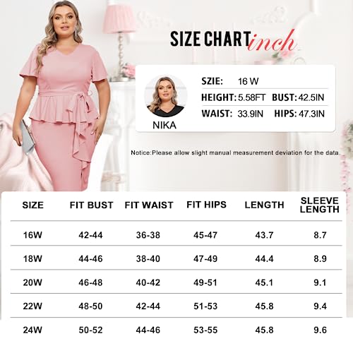 Hanna Nikole Womens Plus Size Ruffle Wrap Dress Peplum Sleeve Bodycon Cocktail Dress Office Wear To Work Dress Light Pink 22W #TOP2