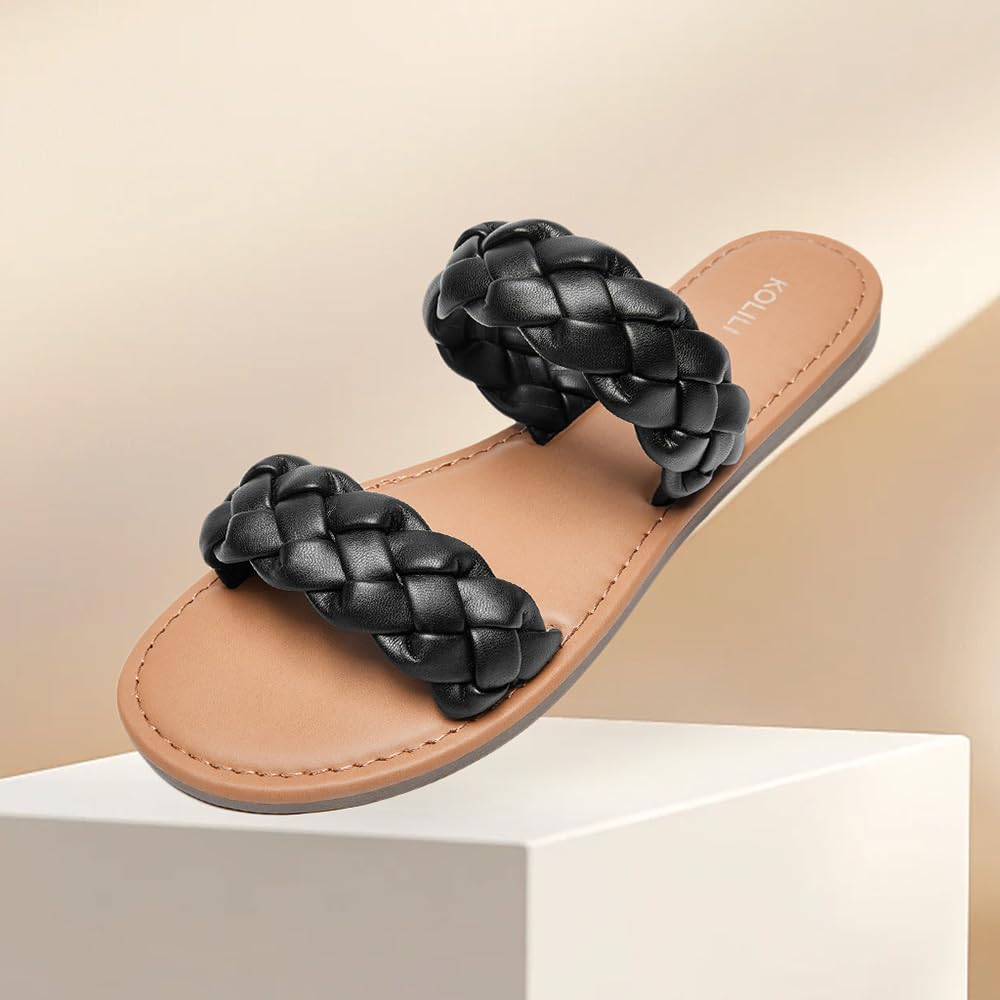 Flat Sandals for Women Braided Leather Strap Open Toe Slip On Slides Slippers Sandals