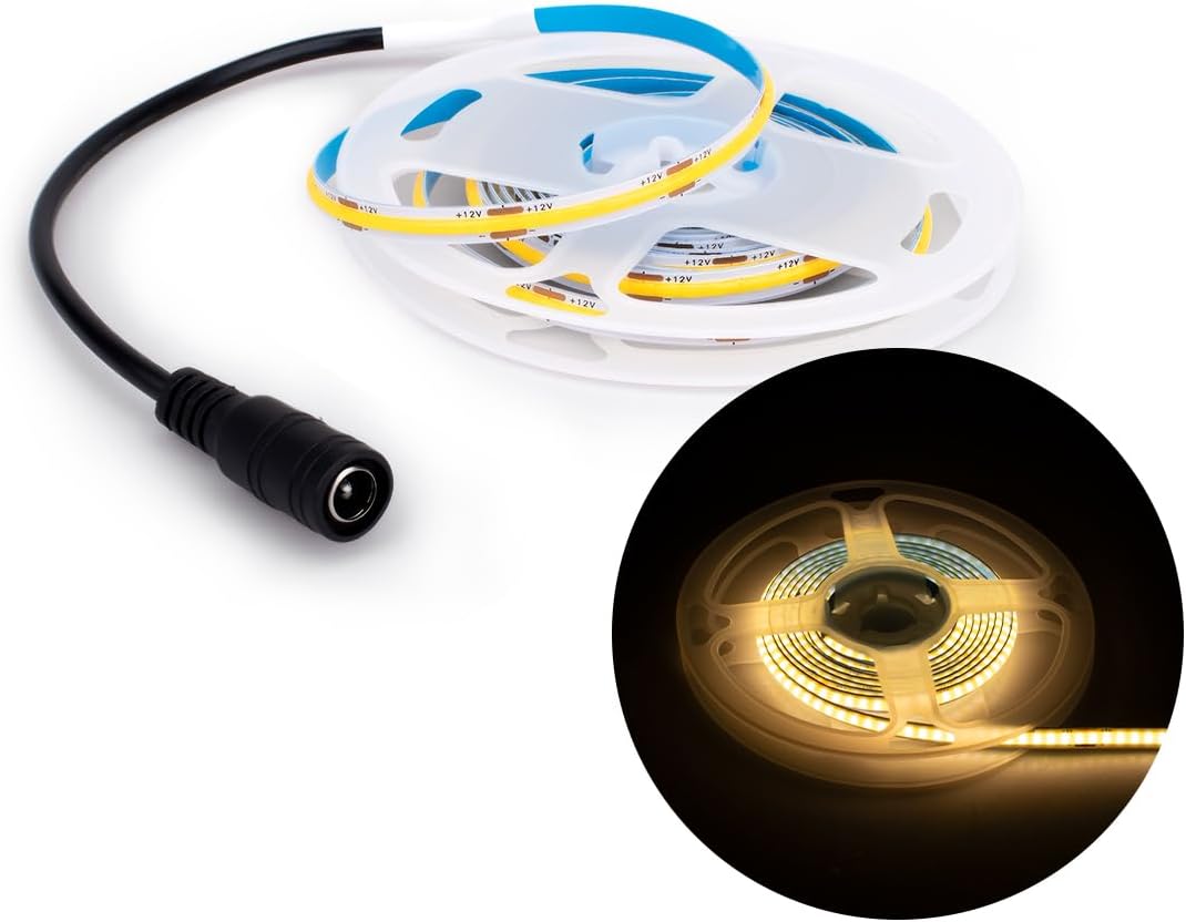 2M COB LED Light Strip, 5mm Width 12V 3000K 320LEDs/m Light Strip with DC Connector