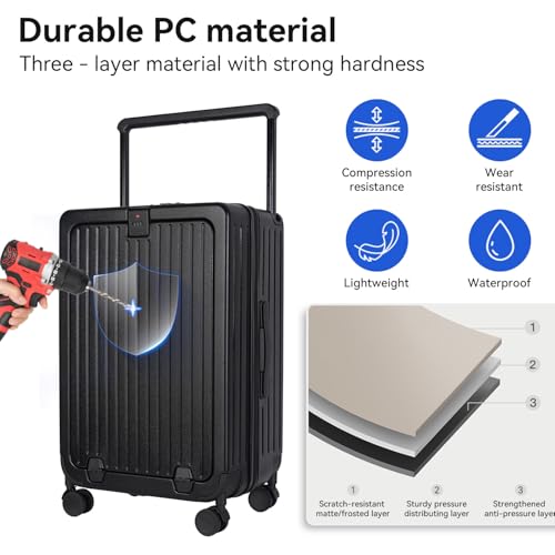 SOKOK Front Pocket Luggage Carry On with Spinner Wheels, Wide Handle Travel Suitcase PC Hardshell Durable Rolling Luggage for Business Trip with Charging Port and Cup Holder, Black4