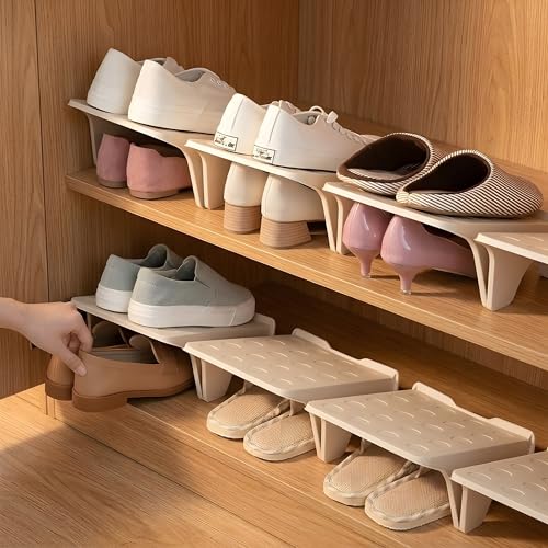 Beauenty 10 pcs Shoe Slots Organizer Stackable - Durable Shoe Slot Organizer for Closet & Shelf Space Saver Fits Most Shoes(Beige)