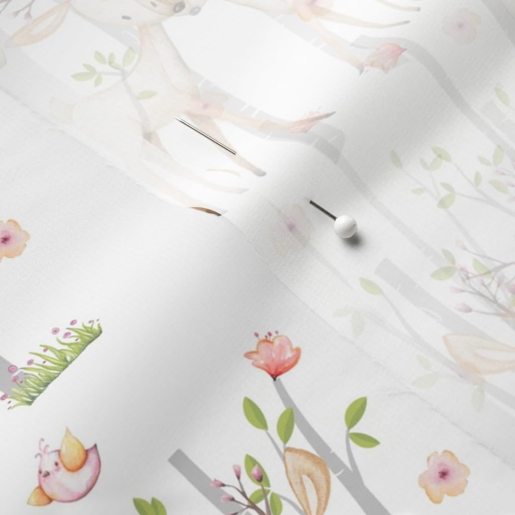 Spoonflower Fabric - Sweet Woodland Animals Deer Fox Raccoon Birch Trees Flowers Girl Printed on Chiffon Fabric by The Yard - Sewing Fashion Apparel Dresses Home Decor