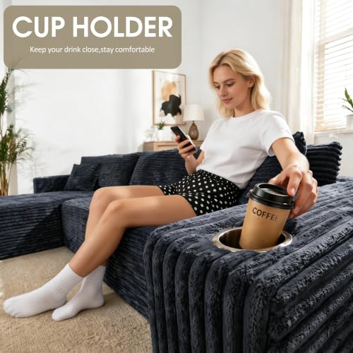 Image of Cloud Sectional Boneless Couches for Living Room,Modular Sectional Sofa with 2 Cup Holders,Memory Foam Cloud Couch with L Shaped Oversized Chaise,No Assembly Needed Plush Corduroy Sofa,Dark Gray