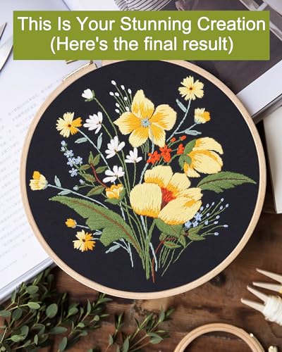 Image of Santune 3 Pack Flower Embroidery Kit for Beginners Adults Cross Stitch Needlepoint Kits Hand Craft with Plant Patterns,3 Instructions,1 Hoop,Threads and 6 Needles