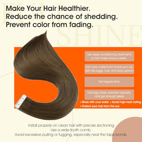 Image of Full Shine 18Inch Tape in Hair Extensions Human Hair Color 3 Brown Human Hair Extensions Tape in Seamless Invisible Skin Weft 100G Remy Soft Extension 40Pcs Brazilian Lightweight
