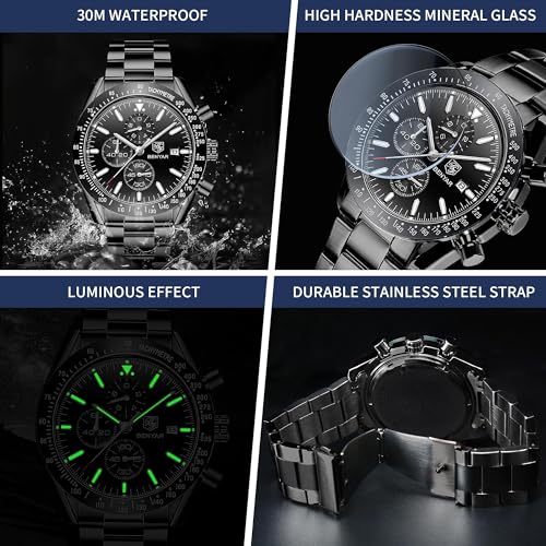 Image of BY BENYAR Watches for Men Analog Quartz Chronograph 30M Waterproof Luminous Big Face Mens Watches Business Work Sport Casual Fashion Designer Dress Men's Wrist Watches Elegant Gift for Men