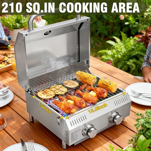 Image of Bestfire Tabletop Propane Gas Grill 2 Burners- Dual Connections, 20,000 BTUs Stainless Steel Portable Grill Fits Large Gas Cylinders and Small Canisters for Outdoor Camping and RV Trips