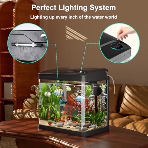 Aquarium Komplettset, GuKKK Nano Aquarium Stabiles Einsteigerbecken mit LED-Beleuchtung und Eingebautem Filtersystem, für Fisch, Aquariu Becken stoßfest,Schwarz (6L)
