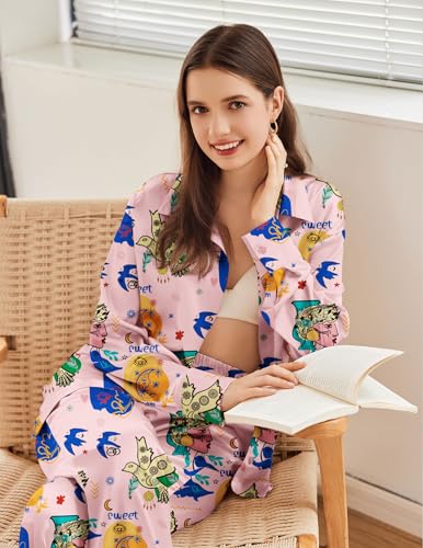 Ekouaer Womens Satin Silky Pajama Set 2 Piece Print PJs Soft Loungewear Button Down Sleepwear with Elastic Waist Long Pants
