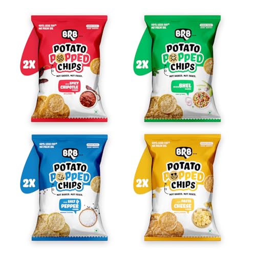 Image of BRB Potato Popped Chips - 4 Flavours | Not Fried. Not Baked | 60% Less Oil, Lower Calorie, No Palm Oil, Healthy Snack | 8 x (48g /51g) Combo Pack (weight may vary)