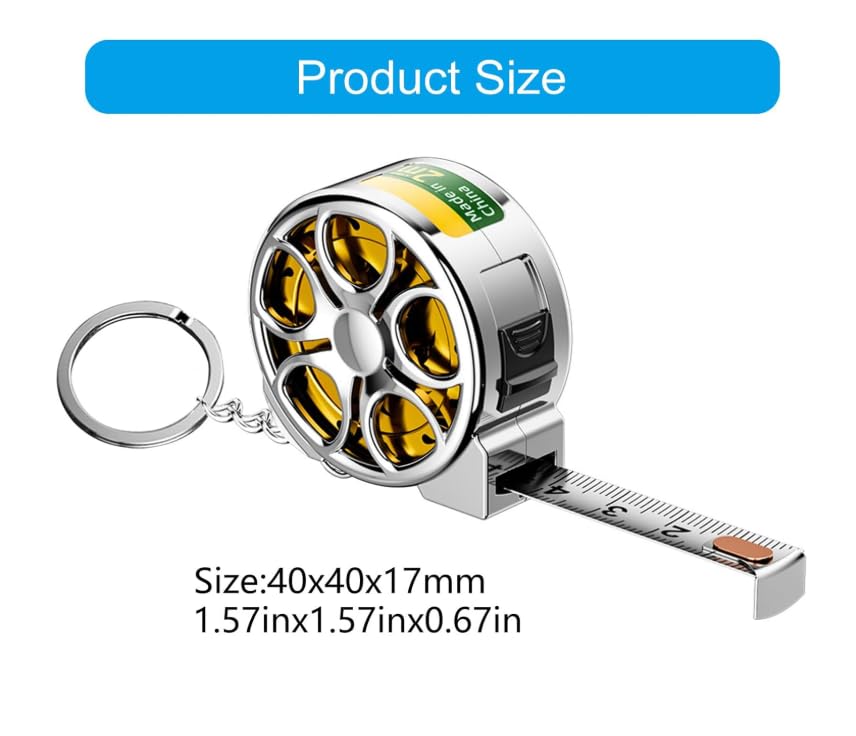Mini Wheeled Retractable Measuring Tape Keychain with Centimeter Scale, Stainless Steel Measuring Tool (Gold)