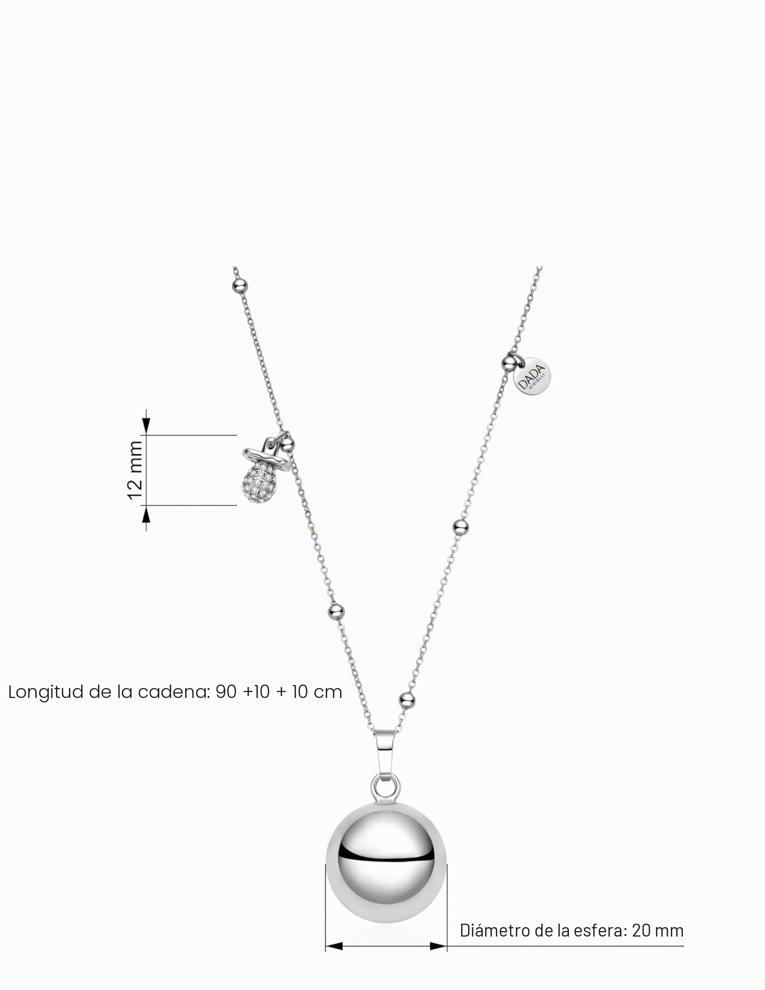 Dada Gioielli - Collar Campana Llamador Ángel Embarazo – Joya sonora Buena Suerte para mamá y bebé Piecito, Trébol, Corazón, Osito, Chupete