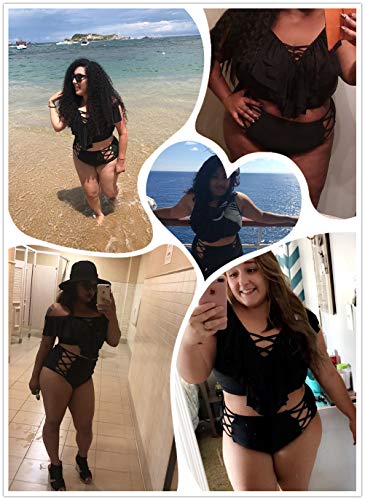 Biquíni feminino plus size Kisscynest, 2 peças, cintura alta, babados, Preto, X-Large