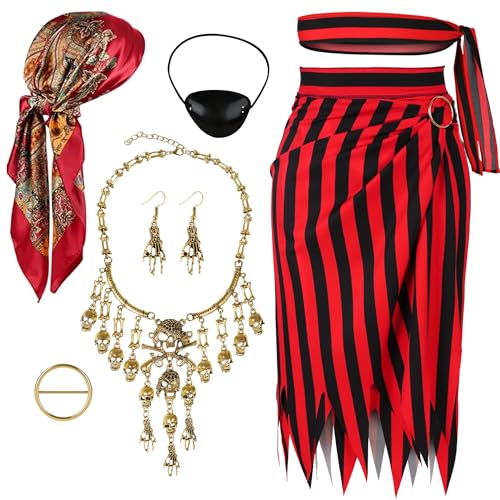 Angelaicos Womens Pirate Costume With Accessories Set Pirate Head Scarf for Women Halloween Cosplay Outfits (Red)