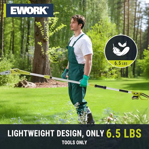 Image of EWORK Electric Pole Saws for Tree Trimming 20V 8-Inch Cordless Pole Chainsaw 6.5 Lbs, Extension to 14.2-Ft, Auto Oiling Pole Saw Battery Powered with Battery & Fast Charger for Branch Pruning & Pruner