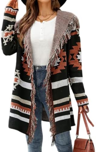 Women Geometric Tribal Stripe Fringe Hooded Knit Cardigans Casual Open Front Long Sleeve Cardigan Hooded Outwear Coat Black