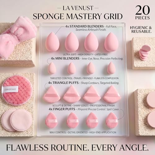 Image of 20pc Essential Makeup Sponge Kit Set - Soft-Touch Makeup Sponges for Cream & Liquid - Aesthetic Bow Spa Set & Wristbands - Under-Eye Precision Puffs & Blender Cleaner - Complete Beauty Organizer Kit for Girls & Women (Baby Pink Edition)