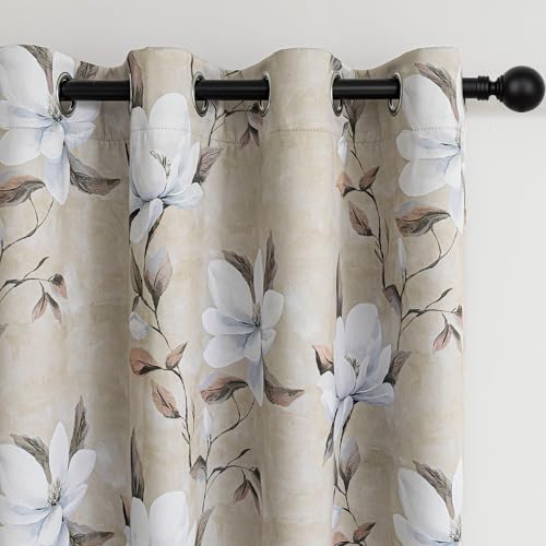 Image of MYSKY HOME Floral Blackout Curtains 90 Inches Length 2 Panels Set - Black Out Thermal Insulated Privacy Protect Modern Spring Flower Print Room Darkening for Living /Dining Room, 52 inchW Each Panel, Khaki