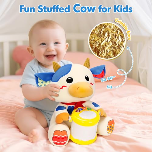 V-Opitos Stuffed Cow Musical Toys for Baby 6-12 Months+, Early Learning Light up Music Drum, Perfect Christmas Birthday Gifts for Boy & Girl Age 1, 2 Years Old - Image 4